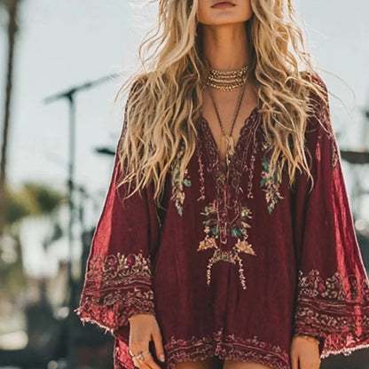 Women's Midi Dress Boho Dress Vintage Classic Vacation Daily Holiday Regular Fit Flower Long Sleeve V Neck Red Summer